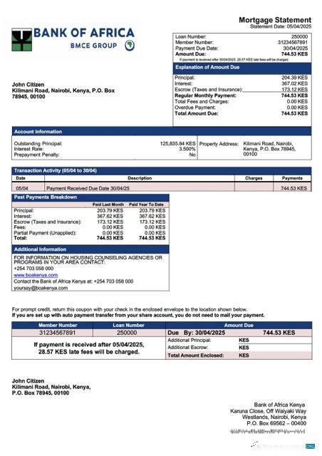 Download Kenya Bank of Africa Kenya mortgage statement Word and PDF template Photoshop template